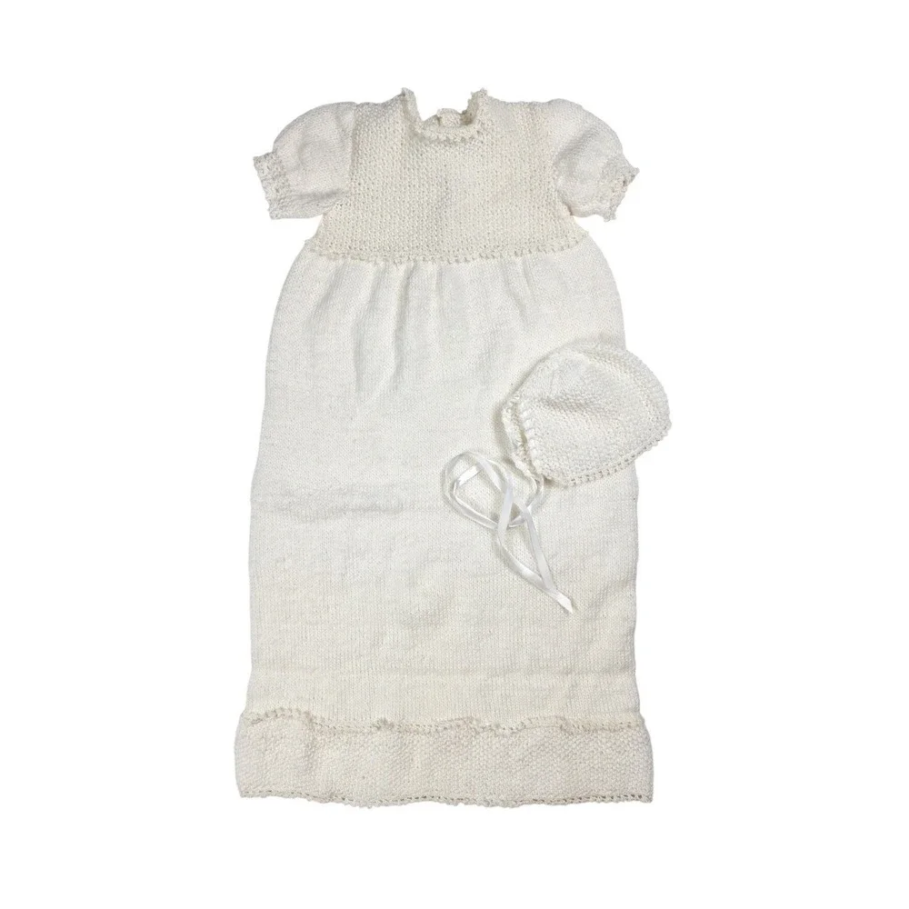 Artisan Crochet Lace Trim Christening Gown Dress w/ Bonnet Baby Size 6-9 months